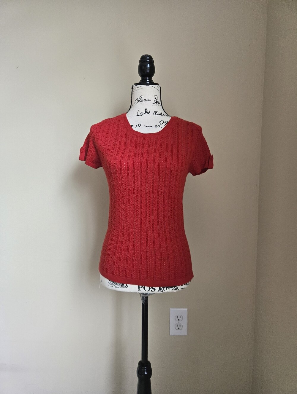 Talbots Cableknit Short Sleeve Sweater Top Womens S Petite Red Cotton